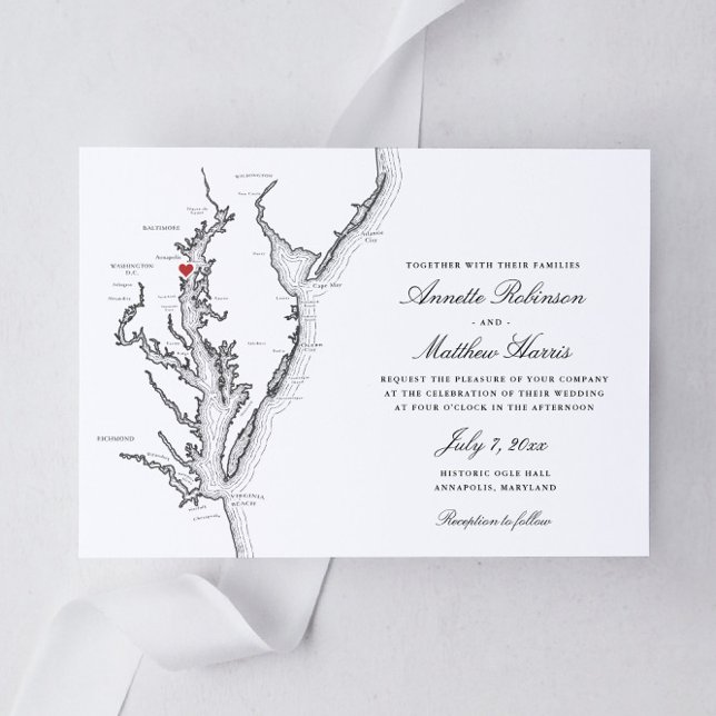 Annapolis Chesapeake Bay Svart och Vitt Bröllop Inbjudningar (Annapolis Maryland Elegant black and white map wedding invitation with the Chesapeake Bay)