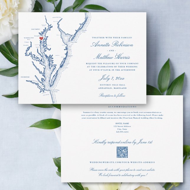 Annapolis Maryland all-in-one QR code OSA Bröllop Inbjudningar (Annapolis Maryland Elegant QR Code RSVP all-in-one wedding invitation with elegant navy blue map)