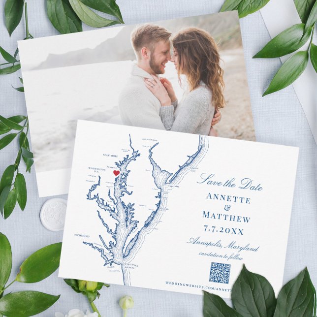Annapolis Maryland Bröllop Elegant Navy QR-kod Spara Datumet (These Annapolis Maryland map Save the Dates are perfect for your Chesapeake Bay destination wedding)