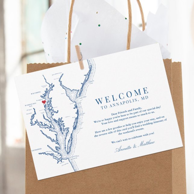 Annapolis Maryland Bröllop Välkomsthälsbok Tack Kort (These Annapolis wedding welcome letters include your weekend events and wedding itinerary on back)