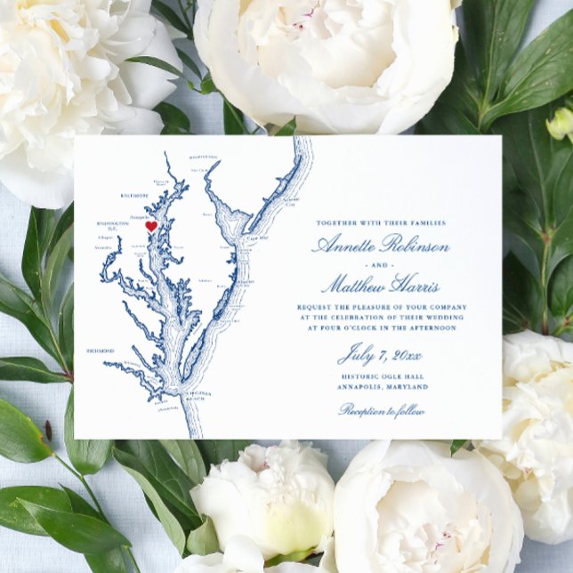 Annapolis MD Chesapeake Bay, blå Bröllop Inbjudningar (Annapolis Wedding Invitation with Elegant Navy Blue Chesapeake Bay map from Coastal Map Designs)