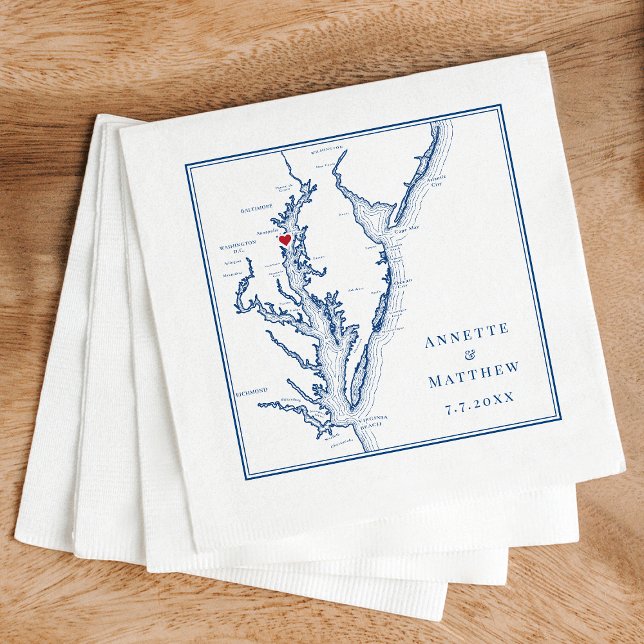 Annapolis MD Chesapeake Bay Karta Elegant bröllop Pappersservett (Annapolis MD Custom Wedding Napkins with Elegant Navy Blue Chesapeake Bay by Coastal Map Design)