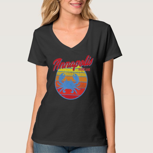 Annapolis Md Retro Blue Crab Ocean Sunset T Shirt (Framsida)