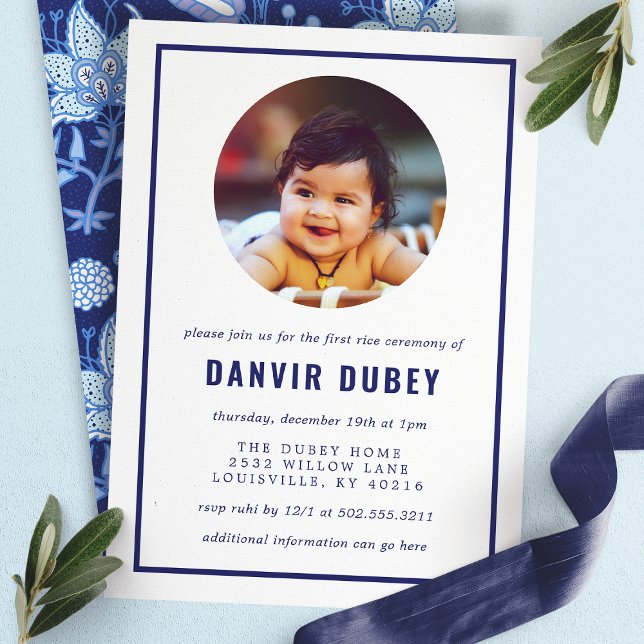 Annaprashan Blue Blommigt First Ris Ceremony Photo Inbjudningar (Skapare uppladdad)