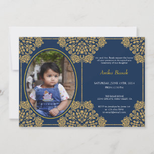 Annaprashan First Ris Blue Guld Ornamated Photo Inbjudningar