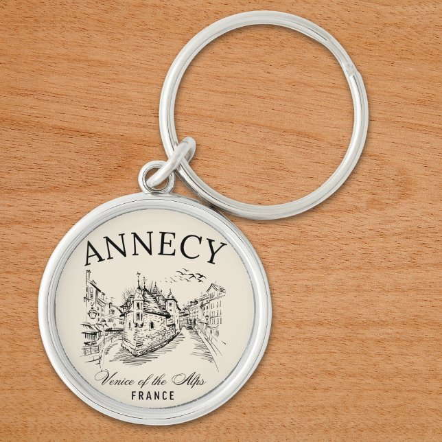 Annecy Canals Art – Retro French Alps  Rund Silverfärgad Nyckelring (Skapare uppladdad)
