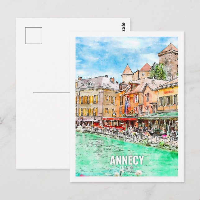 Annecy Frankrike Travel Ställe Watercolor Vykort (Fram/baksida)