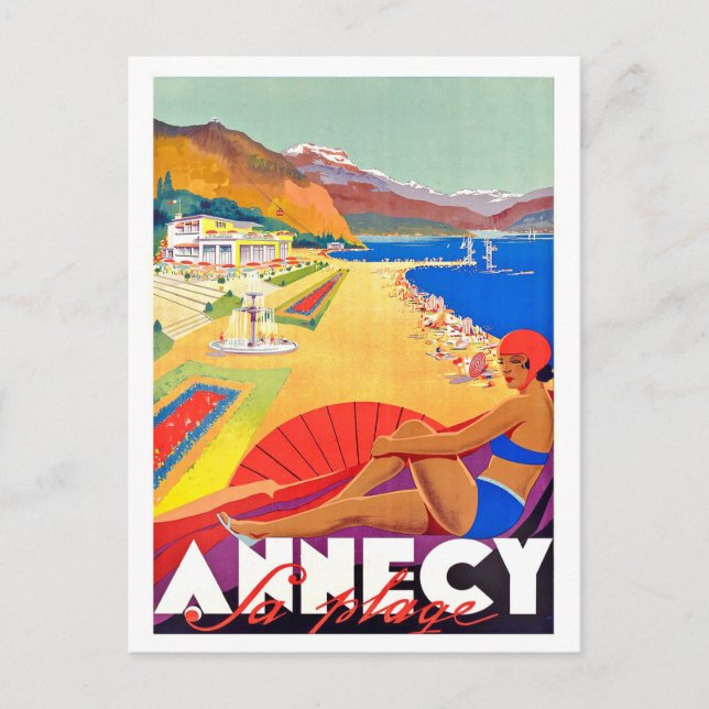Annecy kusten, flicka på en strand,vykort för vint vykort (Framsida)