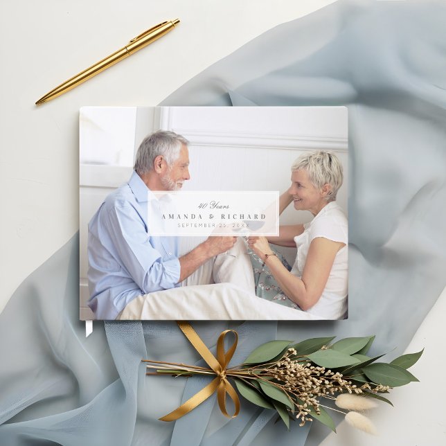 Anniårsdag för den vita tonerplattan för fullt gästböcker (Full Photo White Fade Nameplate Anniversary Guest Book)