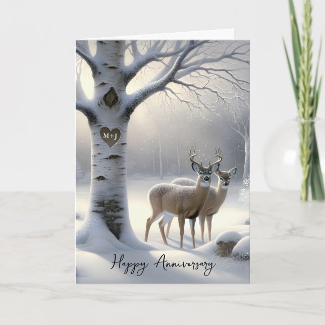 Anniversary Deer with Initials on Tree Heart Helgkort (Framsida)