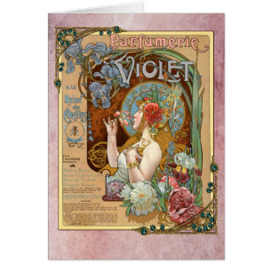 Annons för Alphonse Mucha violett parfymfransk Hälsningskort