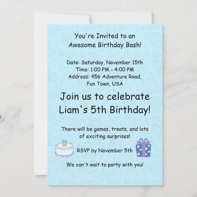 Annonsör Baby blue födelsedagsinbjudan till pojkar Inbjudningar (Baksida)