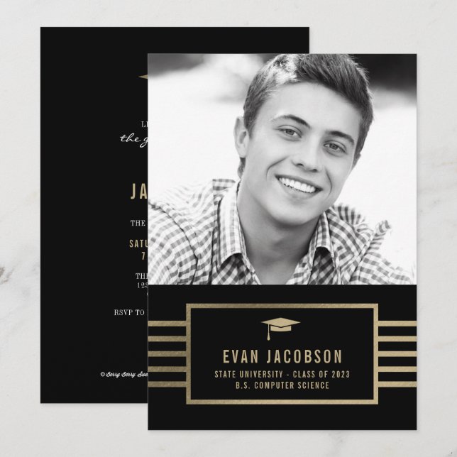 Announce guld Cap EDITABLE FÄRG Studenten Inbjudningar (Fram/baksida)