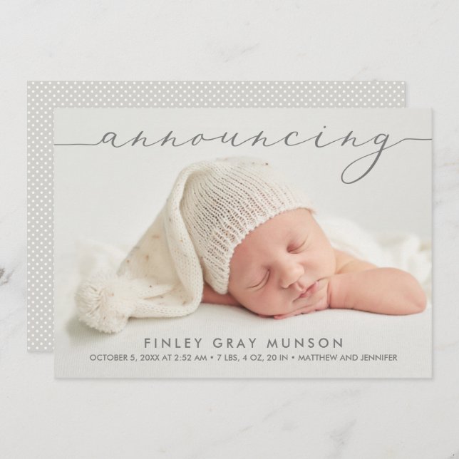 Announcing Baby Photo Tillkännagivande för födelse (Fram/baksida)