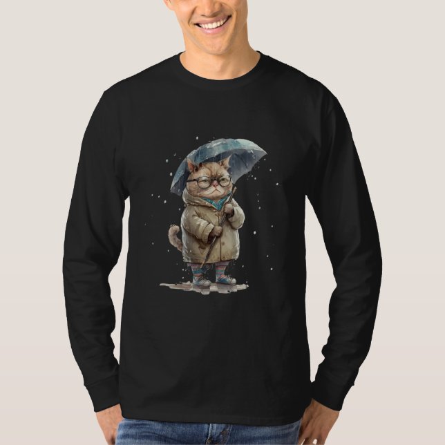 Annoyed cat sad cat with umbrella in the rain grap t shirt (Framsida)