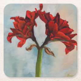 "Ann's Gift" Red Amaryllis Flower-Oljemålningen Underlägg Papper Kvadrat