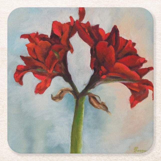 "Ann's Gift" Red Amaryllis Flower-Oljemålningen Underlägg Papper Kvadrat (Framsidan)
