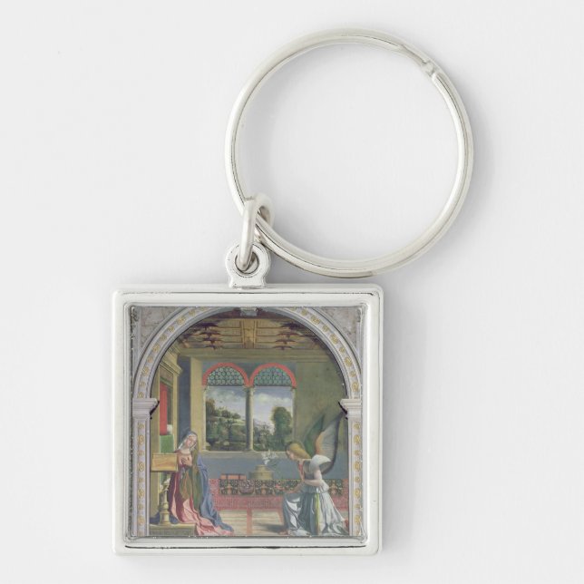 Annunciation 2 fyrkantig silverfärgad nyckelring (Framsidan)