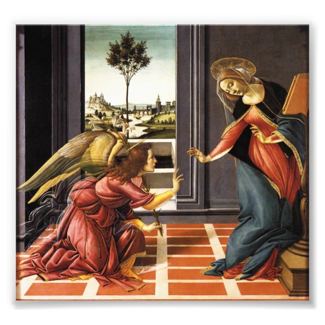 Annunciation av Botticelli Fototryck (Framsidan)