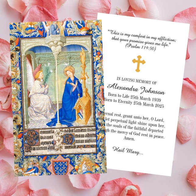 Annunciation Hail Mary Funeral Memorial Prayer Visitkort (The Annunciation Hail Mary Christian Catholic In loving memory Funeral Memorial Prayer Card)