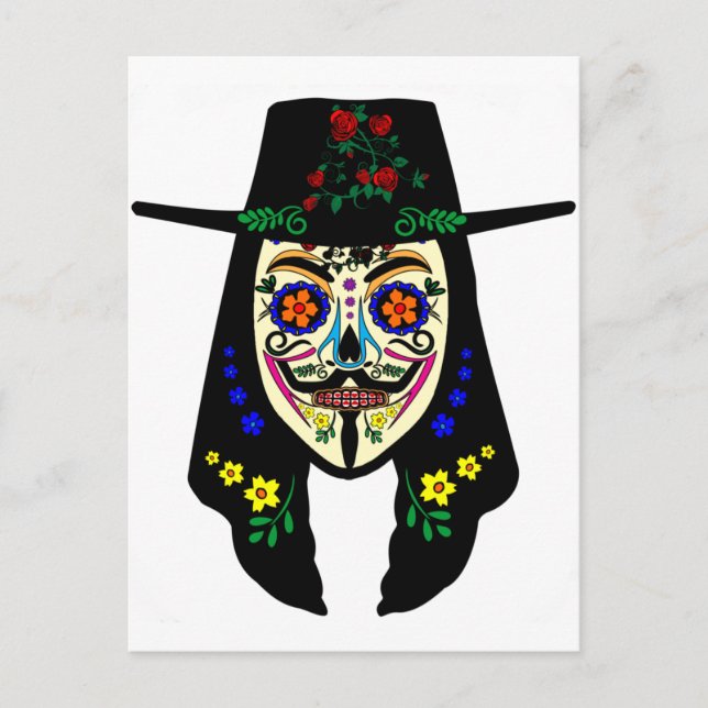 ANONYMOUS Day of the dead 6 Anon Mask Sugar skalle Vykort (Framsida)
