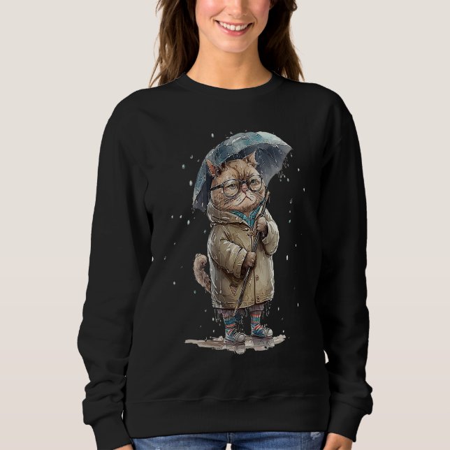Anoyed cat ledsen cat with parbrella in rain grap t shirt (Framsida)