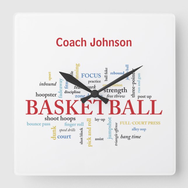 Anpassa Basketball Coach Tack i Ord Fyrkantig Klocka (Framsida)