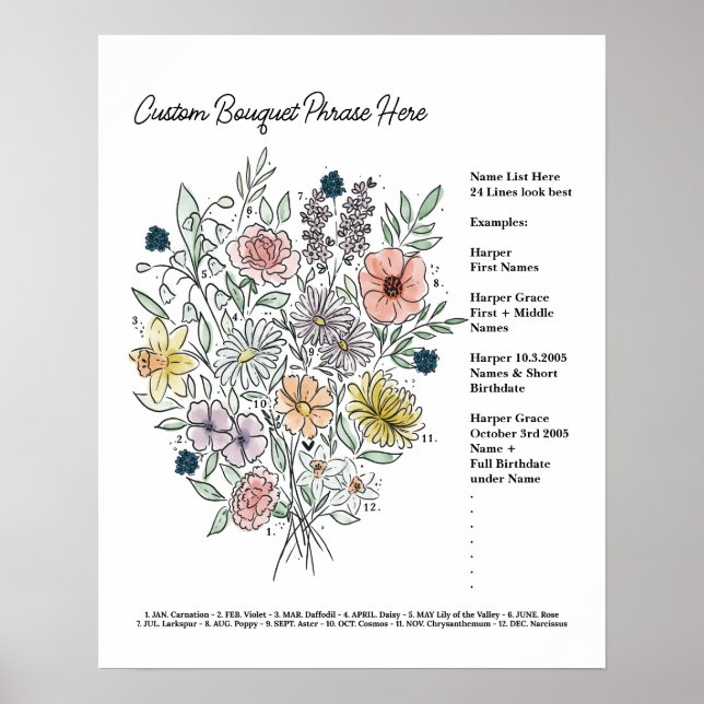 Anpassa Birth Flower Bouquet Poster (Framsidan)