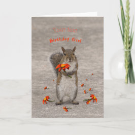 Anpassa Birthday Girl Squirrel med blomma Kort