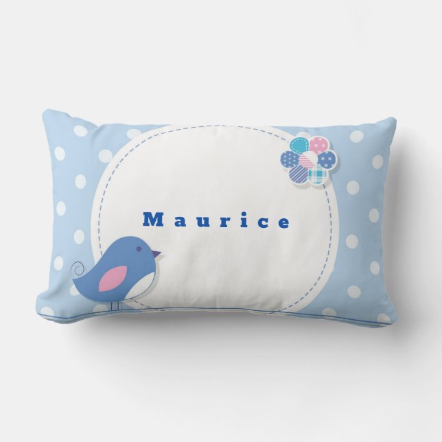 Anpassa blå vit polka Punkt Fågelröda Cute Flower Lumbarkudde (Framsida)