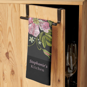 Anpassa Blommigt Embroidery Mönster Black Backgr Kökshandduk