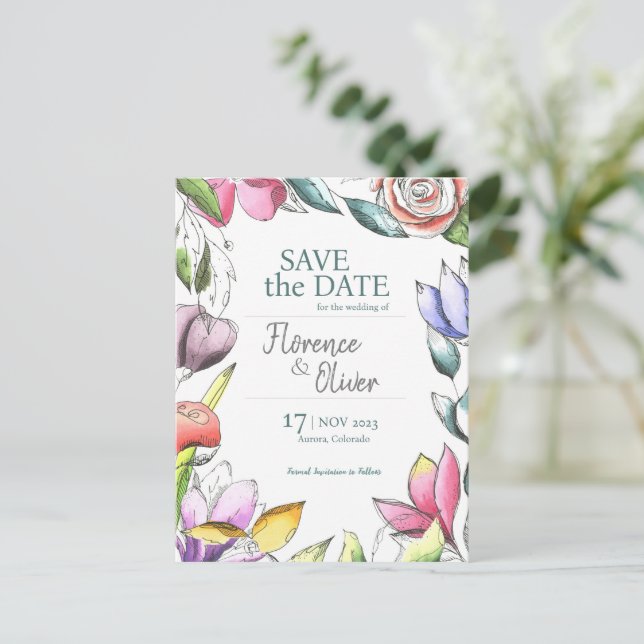 Anpassa Blommigt konturerad Spara datum Vykort (Stående Fram)