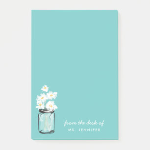 Anpassa Blommigten Teal Mason Burk White Daisy Post-it Block