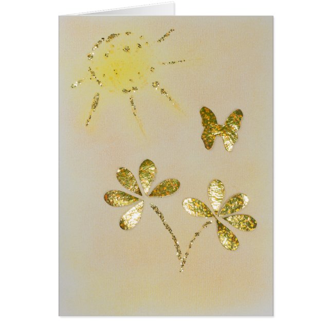 Anpassa blommor och fjäril från guld hälsningskort (Framsidan)