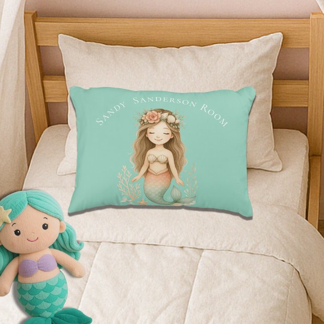 Anpassa Boho Girl Sjöjungfru Light Blue Round Prydnadskudde (Skapare uppladdad)