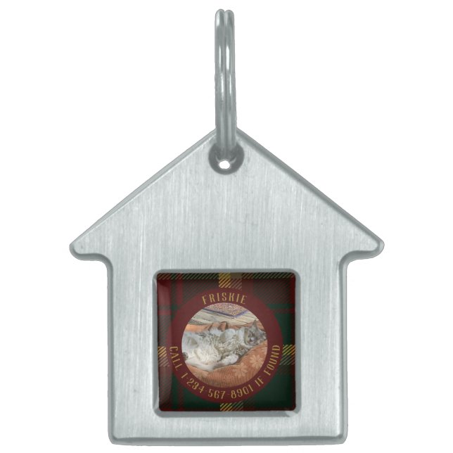 Anpassa Borttappad Kat Maple Löv Tartan Burgundy ID-bricka Husdjur (Framsidan)