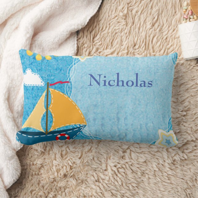 Anpassa Bright Gult Sol Blue Segelbåt Lumbarkudde (Filt)