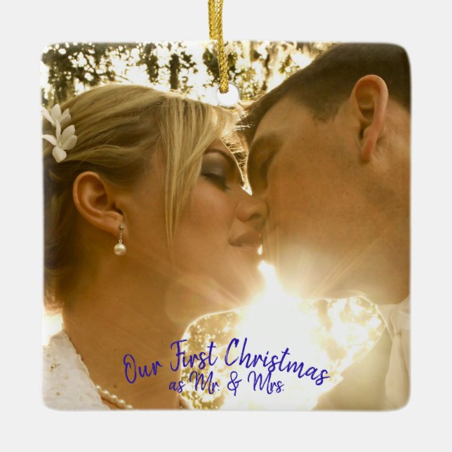 Anpassa Bröllop Photo Peacock Feather Julgransprydnad Keramik (Framsida)