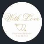 anpassa Bröllop-presentmärkordsmärken för text Runt Klistermärke<br><div class="desc">anpassa text,  namn Bröllop-presentmärken med två hjärtan i kärlek</div>