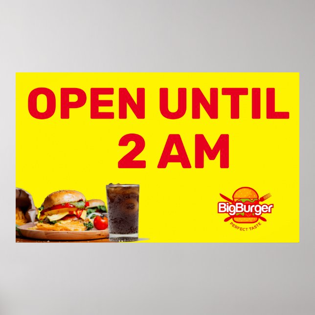 Anpassa Burger Restaurant Logotyp Öppet Till 2 På  Poster (Framsidan)
