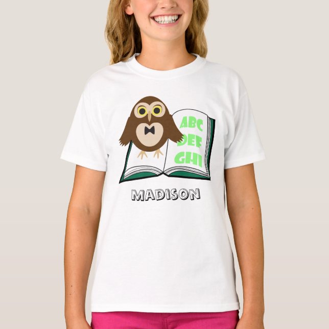 Anpassa Coola Cute uggla med Alphabet bok T Shirt (Framsida)