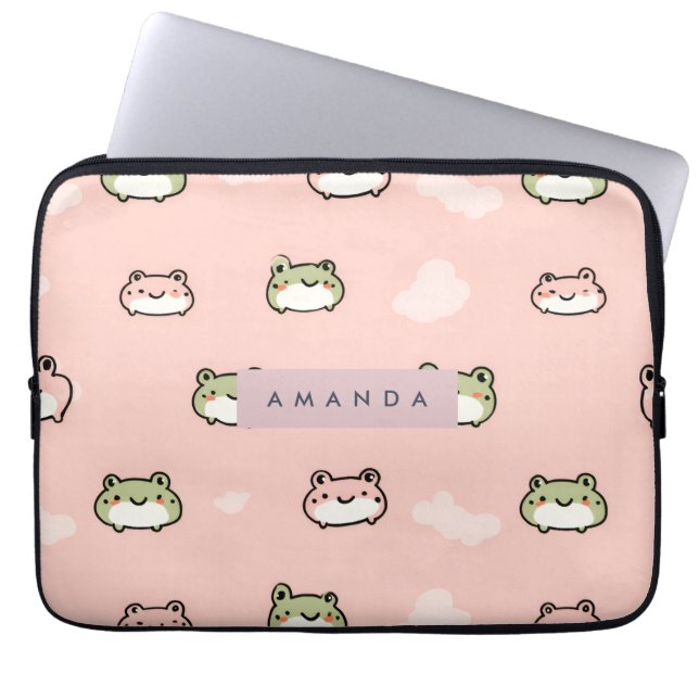 Anpassa Cute Kawaii Pastel Frog Design på Rosa Laptop Fodral (Framsidan)