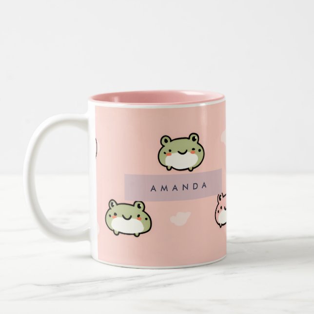 Anpassa Cute Kawaii Pastel Frog Design på Rosa Två-Tonad Mugg (Vänster)