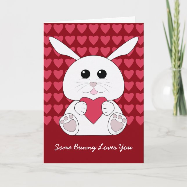Anpassa Cute Kawaii White Bunny Valentine Hearts Helgkort (Framsida)