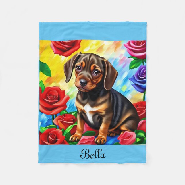 Anpassa Dachshund Puppy Colorful Fleece Blanket (Framsidan)