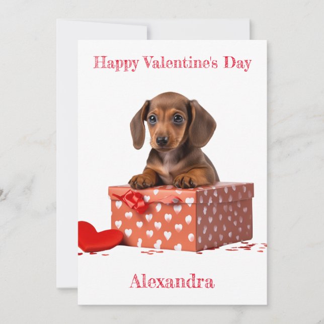 Anpassa Dachshund Puppy Heart Box Valentine Julkort (Framsida)