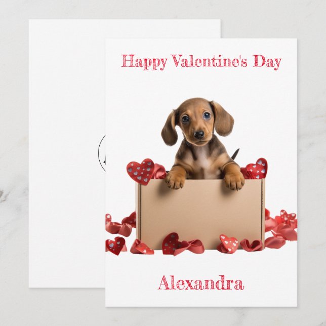 Anpassa Dachshund Puppy i Box Valentine Card Julkort (Fram/baksida)