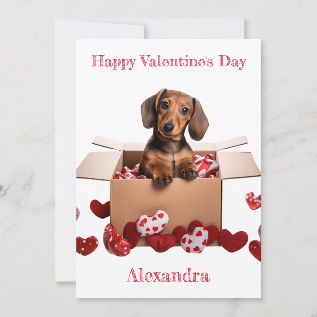 Anpassa Dachshund Puppy med Hearts Valentine Julkort (Framsida)