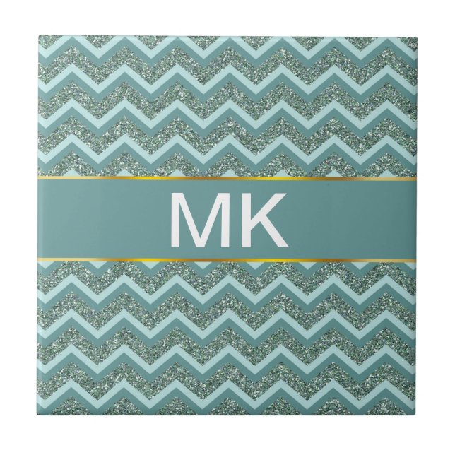 Anpassa denna Teal Glitter ZigZag Kakelplatta (Framsidan)