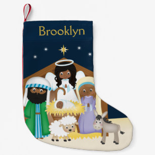Anpassa det afrikanska amerikanska nativitetsscene liten julstrumpa